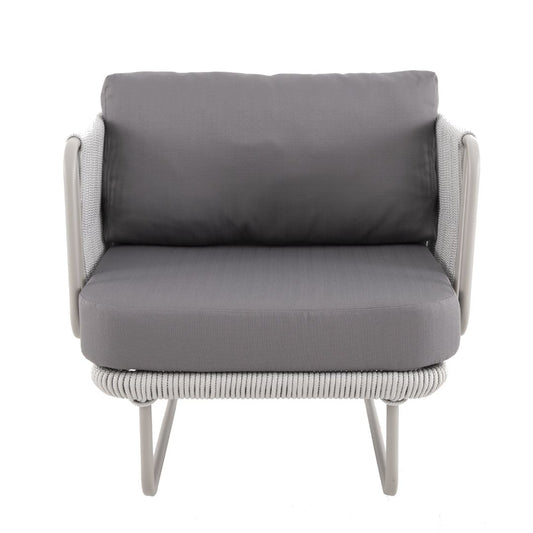 Veredas Armchair Champagne Color Aluminum Nautical Rope Ice Color Upholstered Seat Quaker Gray Fabric