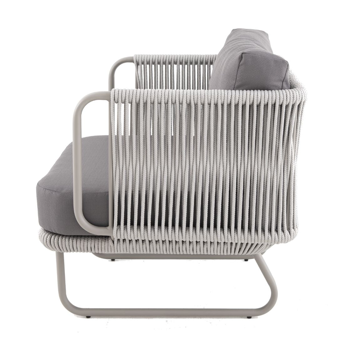 Veredas Armchair Champagne Color Aluminum Nautical Rope Ice Color Upholstered Seat Quaker Gray Fabric