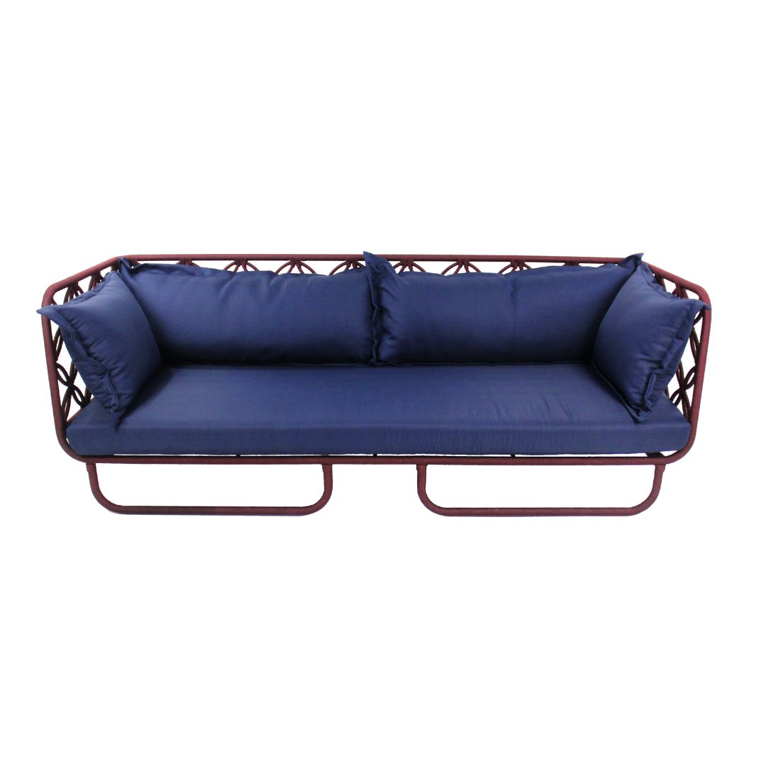 Sofá Erys de Aluminio Color Burdeos Cuerda Náutica Color Vino Respaldo y Asiento Tapizado en Tela Quaker Azul Marino