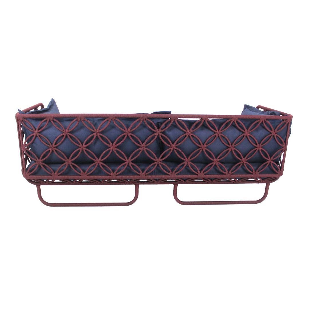 Sofá Erys de Aluminio Color Burdeos Cuerda Náutica Color Vino Respaldo y Asiento Tapizado en Tela Quaker Azul Marino