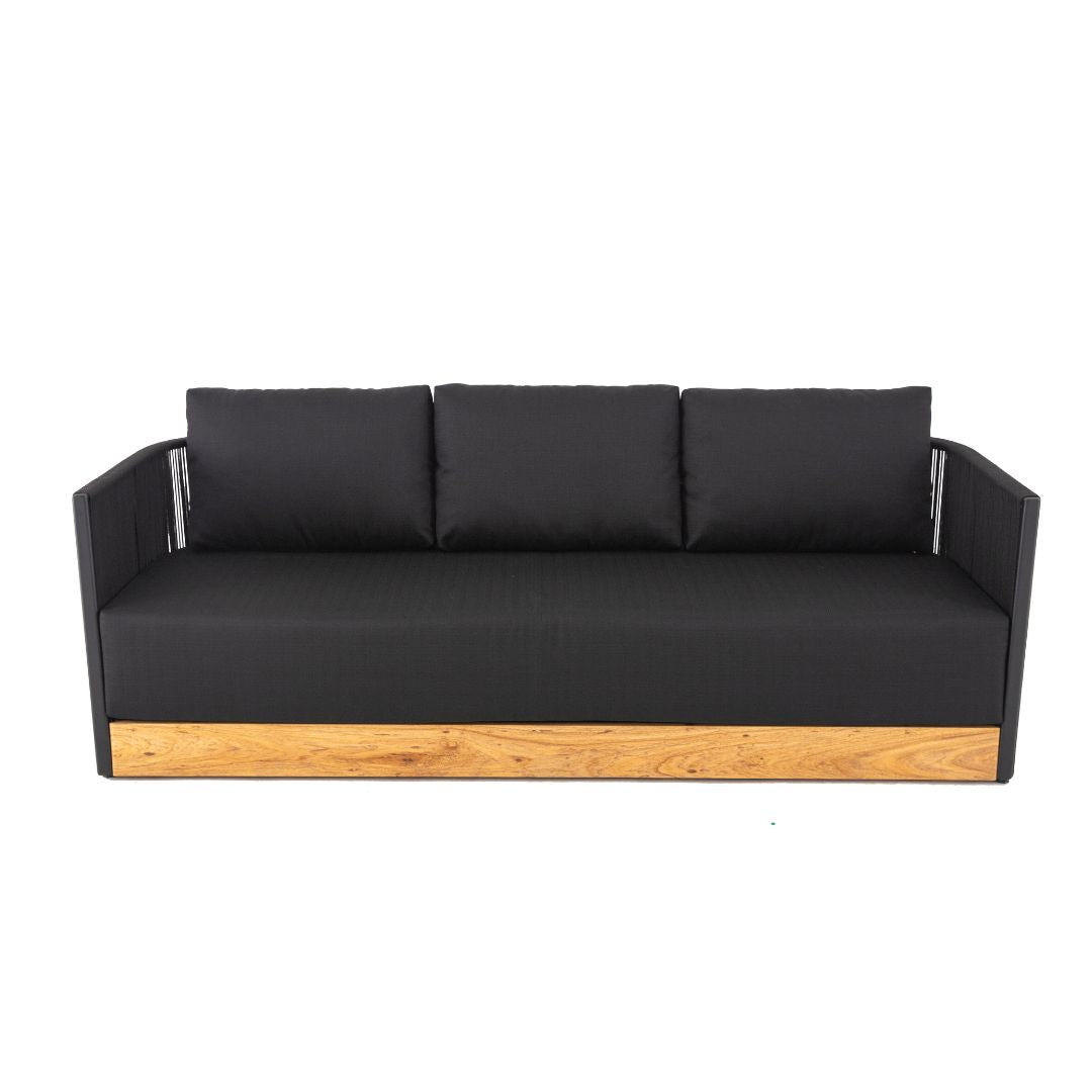 Riviera Sofa Cumaru Wood Aluminum Black Color Nautical Rope Black Color Backrest and Seat Upholstered Quaker Fabric Black