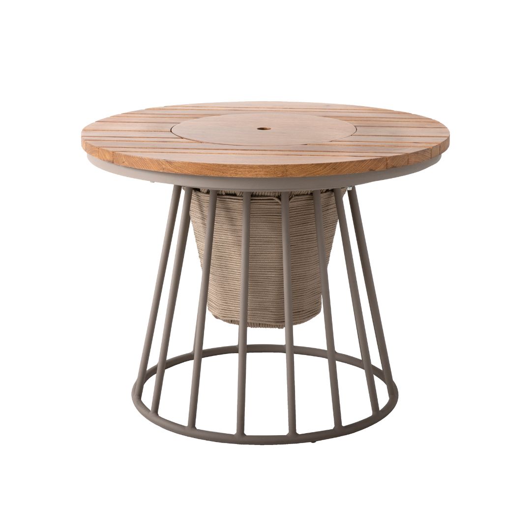 Mesa Redonda Cenário 80cm Alumínio Cor Champagne Madeira Freijó Corda Rami