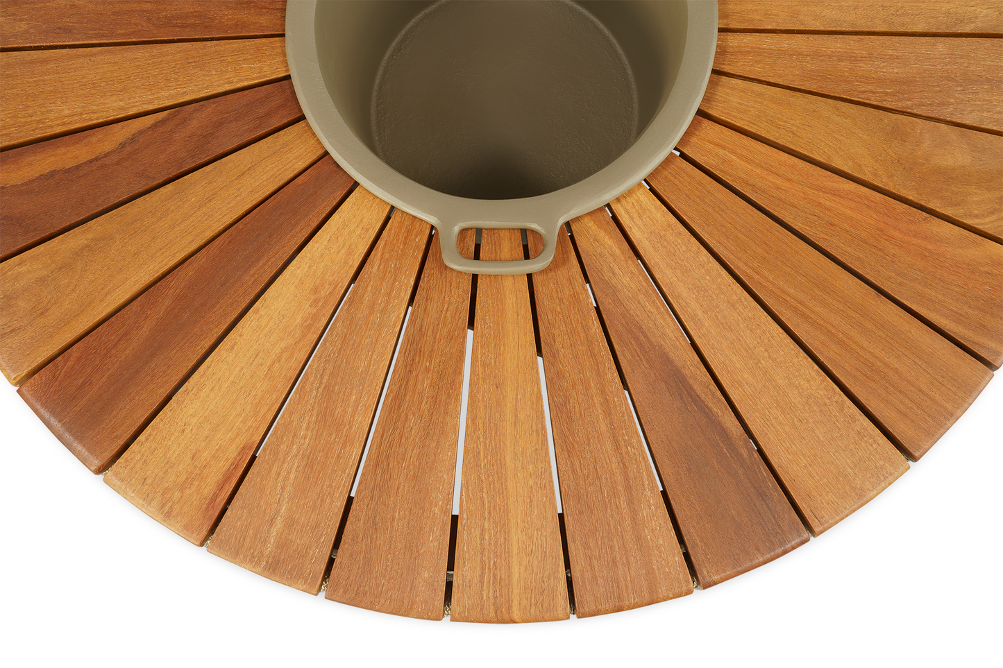 Mesa De Centro Fuji 90cm Com Champanheira Tampo Ripado Formato Pizza Em Madeira Maciça Peroba-Rosa Base De Alumínio e Corda Náutica