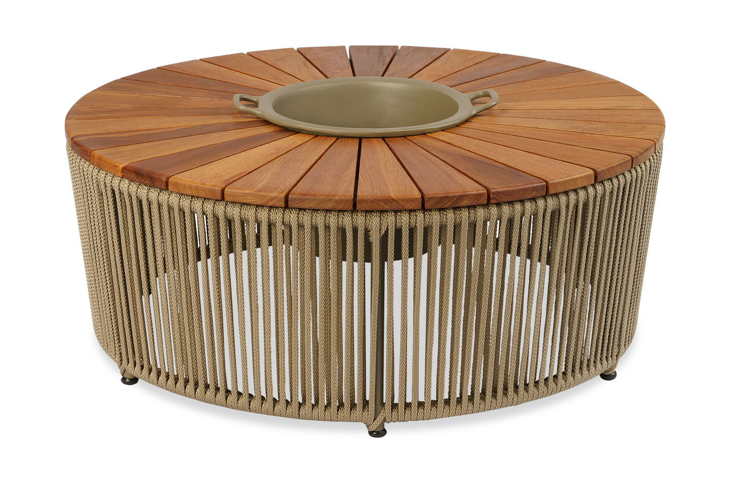 Mesa De Centro Fuji 90cm Com Champanheira Tampo Ripado Formato Pizza Em Madeira Maciça Peroba-Rosa Base De Alumínio e Corda Náutica