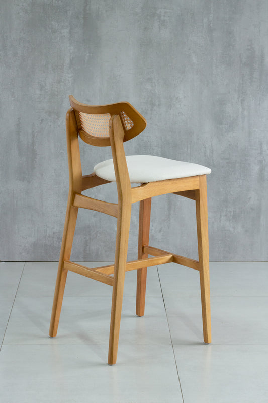 Banqueta Diana Madeira Damasco Assento Tecido BS 704 Encosto em Palha Sextavada