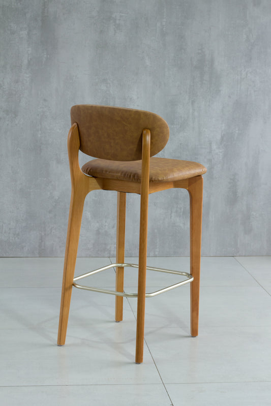 Banqueta Elis Madeira Damasco Metal Dourado Assento Couro BR6027