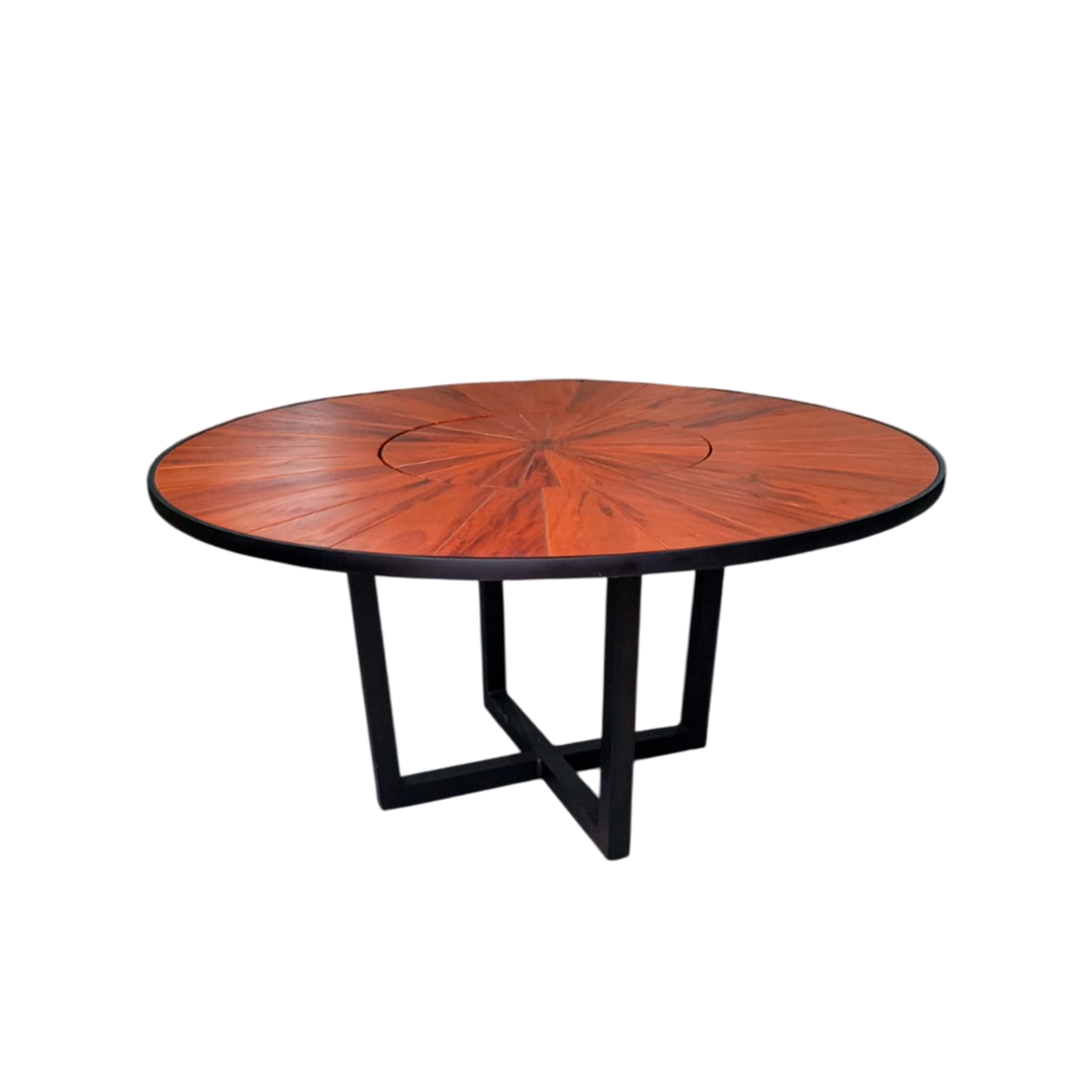 Mesa redonda Sophia 160 cm tapa de madera con placa giratoria base de aluminio negro