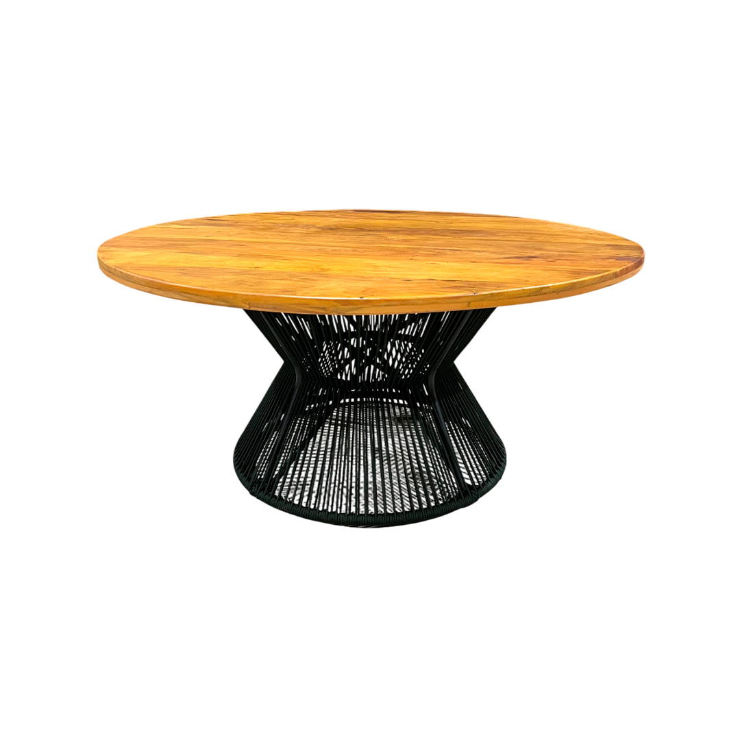 Mesa Redonda Corbelle 160cm Tampo Madeira Madeira Maciça Peroba-Rosa Alumínio e Corda Náutica Cor Preta