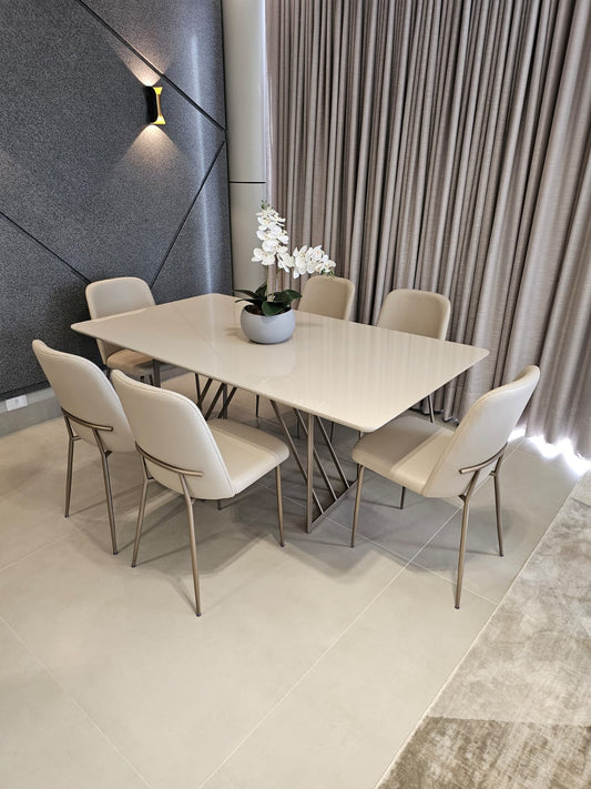 Mesa de Jantar Louvre 220x100cm Tampo Vidro Off-White Base Aço Champagne