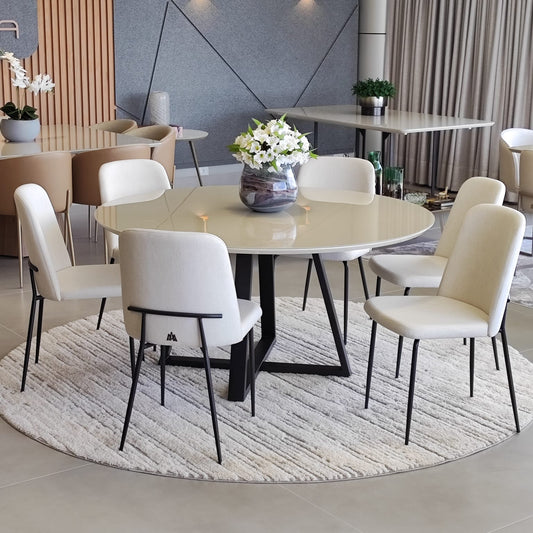 Mesa de Jantar Redonda Capri 140cm Tampo Vidro Off-White Base Aço Preto