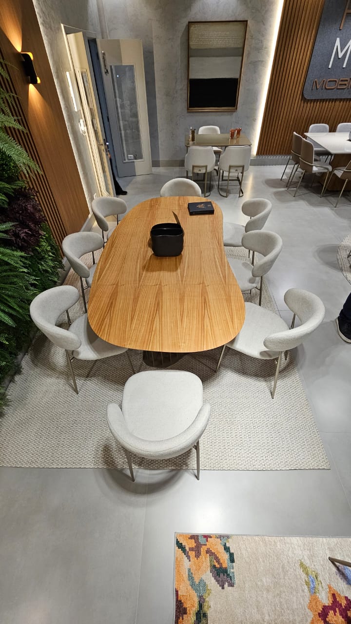 Mesa de Jantar Siena 240x120cm Tampo Madeira Cinamomo Base Aço Champagne