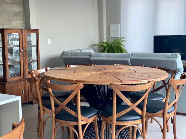 Ambiente 1 com 160cm Round Dining Table in Teak Wood with Built-in Turntable, Aluminum Weave Base with Nautical Rope - 6 Seats