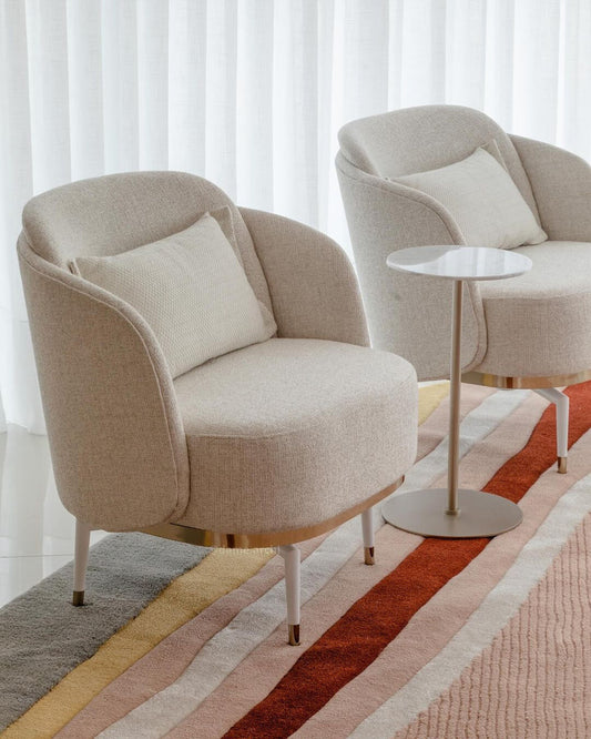 Hug Armchair Swivel Base Carbon Steel Painted White Gold Details Upholstered Fabric Backrest and Seat 1017F
