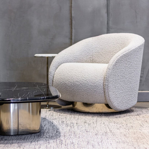Ambiente 1 com Kalla Armchair Fixed Base Stainless Steel Onyx Color Upholstered Backrest and Seat Fabric 10025F