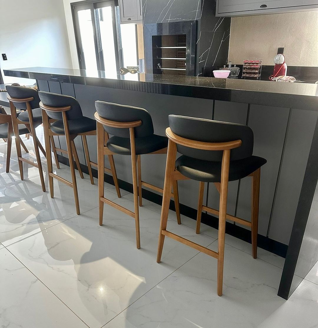 Monic Almond Wood Stool Upholstered Backrest and Seat in Leatherette Fabric 534