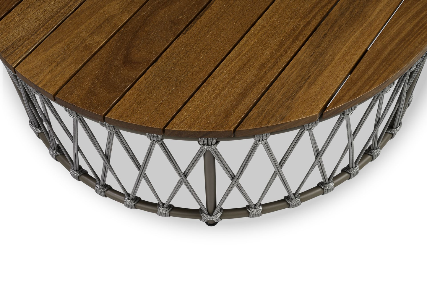 Mesa De Centro Sun 90cm Tampo Ripado Em Madeira Maciça Base Alumínio Cor Fendi e Corda Náutica Cor Cinza | Toth Móveis