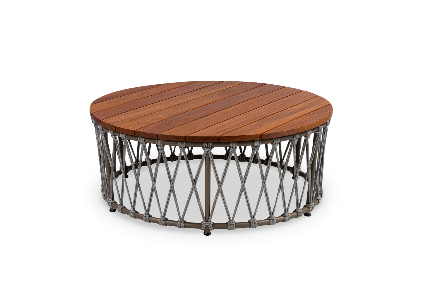 Mesa De Centro Sun 90cm Tampo Ripado Em Madeira Maciça Base Alumínio Cor Fendi e Corda Náutica Cor Cinza