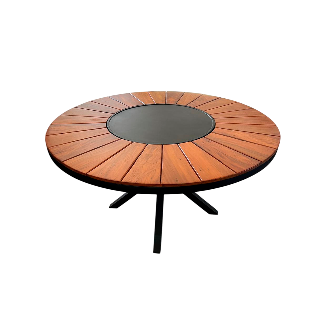 Mesa redonda Sophia 160 cm tapa de madera con placa giratoria base de aluminio negro