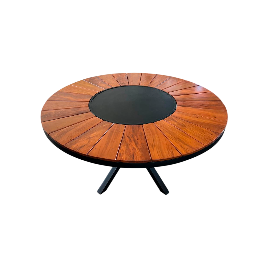 Mesa redonda Sophia 160 cm tapa de madera con placa giratoria base de aluminio negro