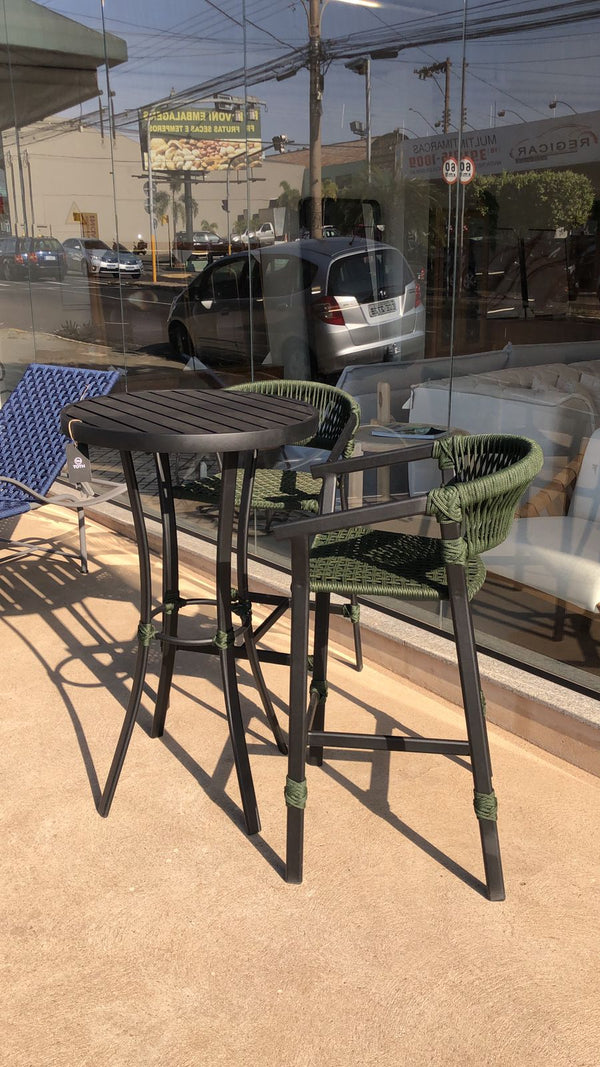 Ambiente 2 com Round Black Slatted Aluminum Bistro Table 60cm in Diameter with Moss Green Nautical Rope Details