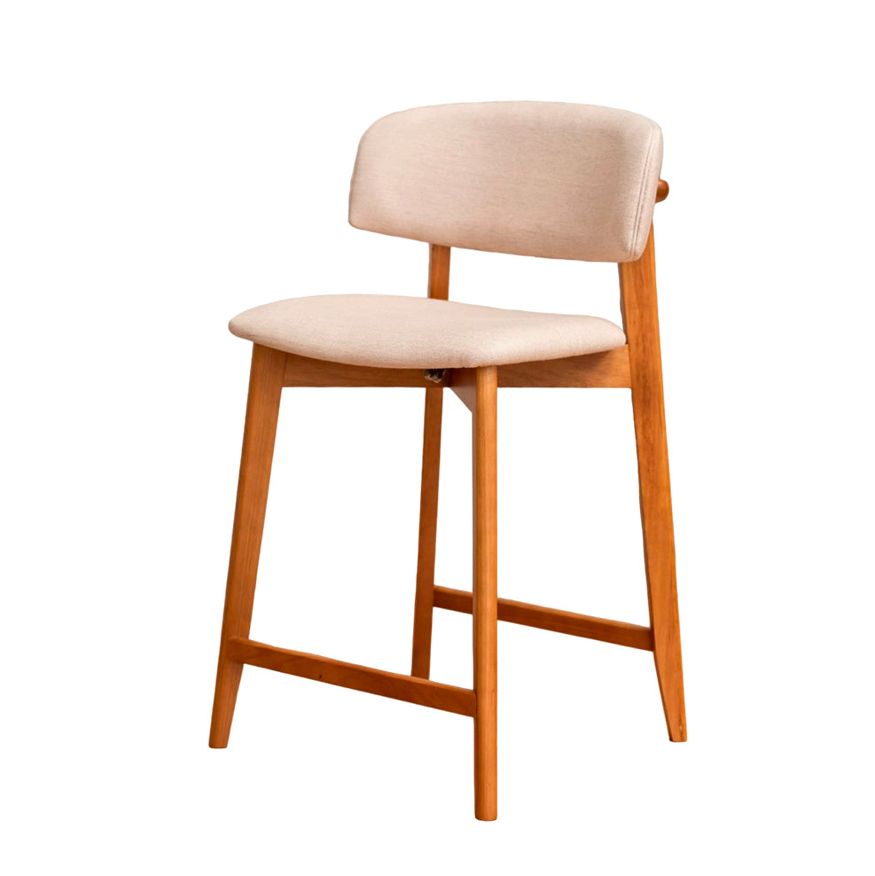 Taburete Monic de Madera de Almendro con Respaldo y Asiento Tapizado en Tela de Lino 407