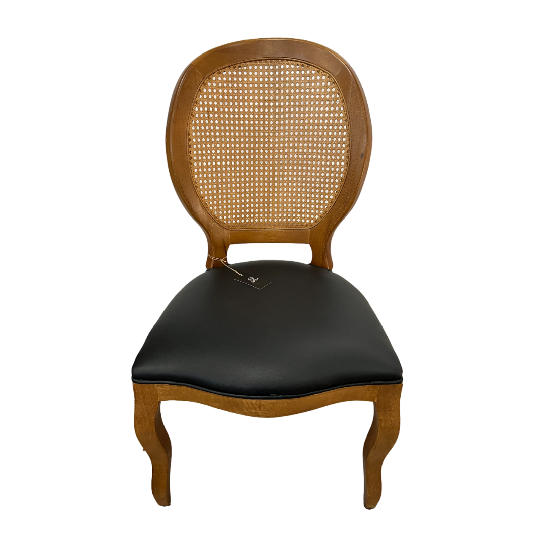 Silla Medallón Tela De Ratán Madera Color Piñón Asiento Tapizado PU Negro