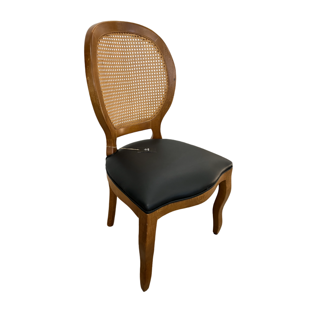 Silla Medallón Tela De Ratán Madera Color Piñón Asiento Tapizado PU Negro