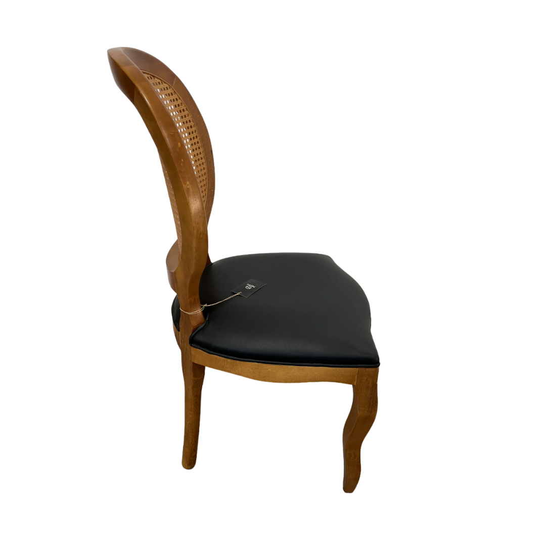 Silla Medallón Tela De Ratán Madera Color Piñón Asiento Tapizado PU Negro
