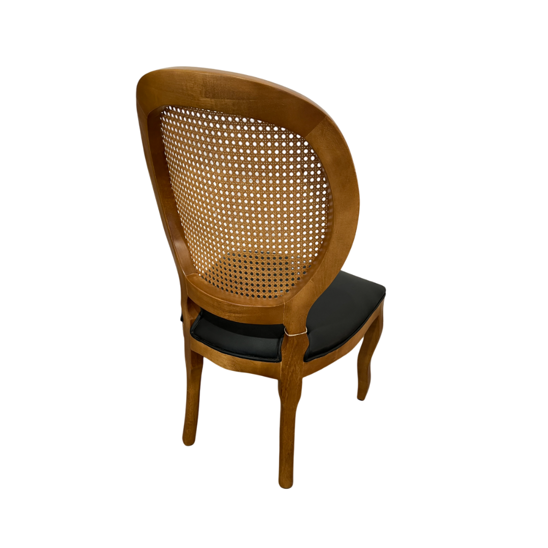 Silla Medallón Tela De Ratán Madera Color Piñón Asiento Tapizado PU Negro