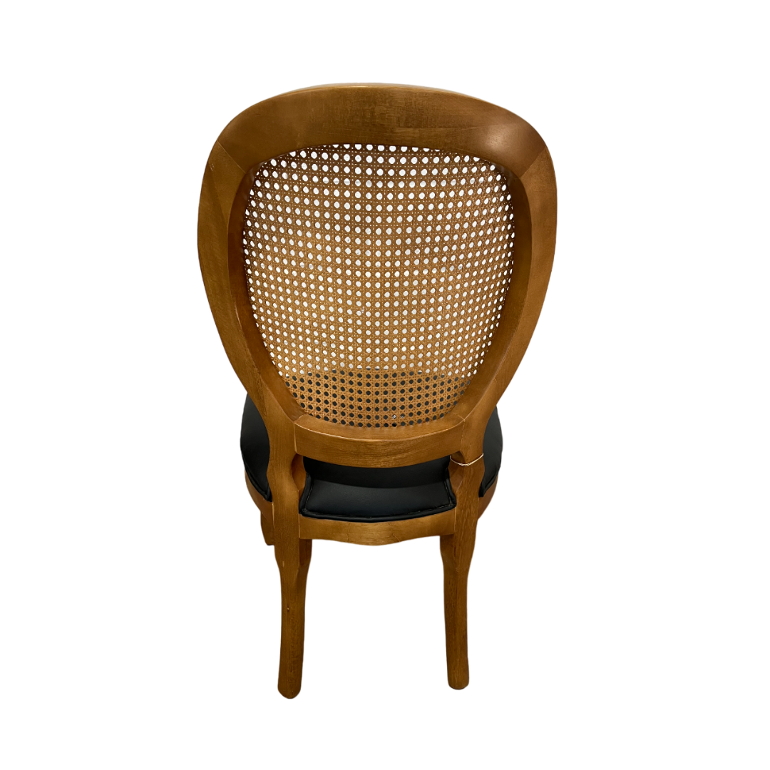 Silla Medallón Tela De Ratán Madera Color Piñón Asiento Tapizado PU Negro