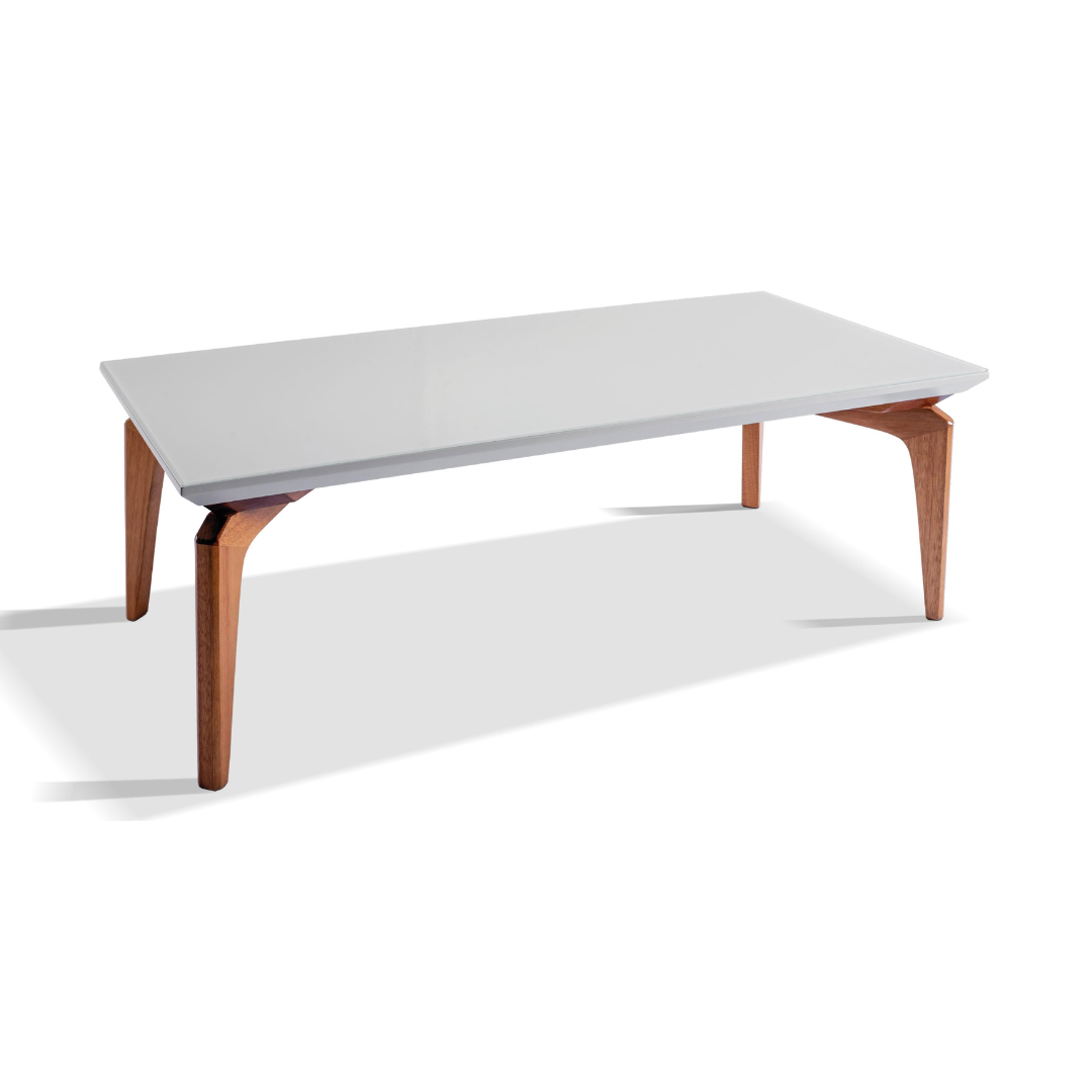 Mesa de Jantar Mari Madeira Cor Jequitibá BN Tampo Vidro Off White 220x110cm