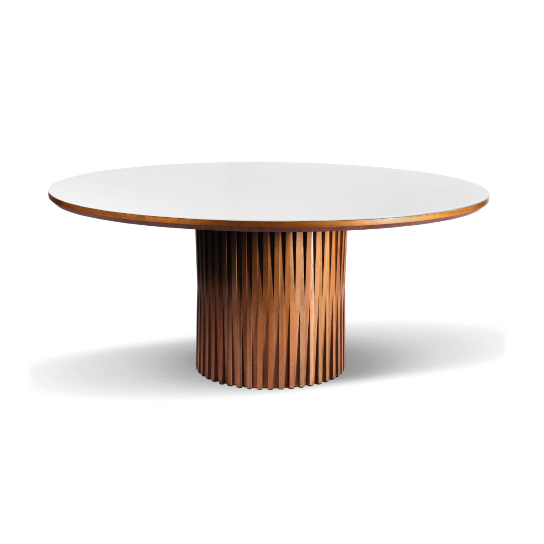 Mesa de Jantar Redonda Soiê Madeira Cor Jequitibá 58 Tampo Vidro Branco 140cm