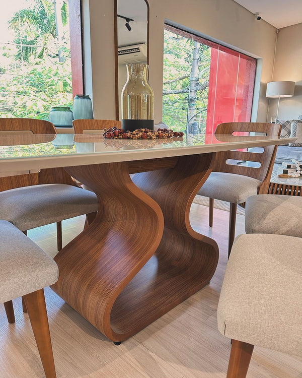 Ambiente 2 com Janaina Dining Table 180x90x76cm Walnut Wood White Glass Top Off White