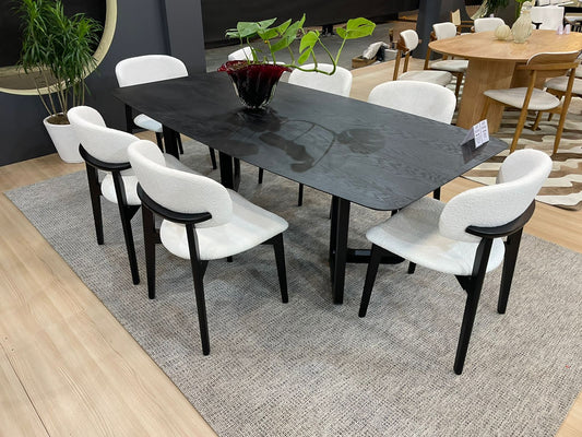 Zoe Dining Table 220x110cm Black Wood Base Black Laminate Top Barrel Corner