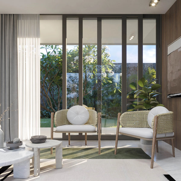 Ambiente 1 com Poltrona Mirrá Pés Em Madeira Base Em Alumínio Cor Fendi Corda Náutica Cor Rami Estofado Branco