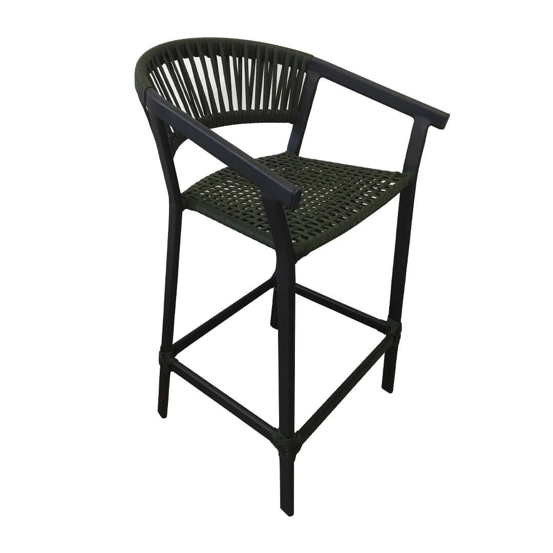 Taburete de Aluminio Negro con Cuerda Náutica Verde Musgo