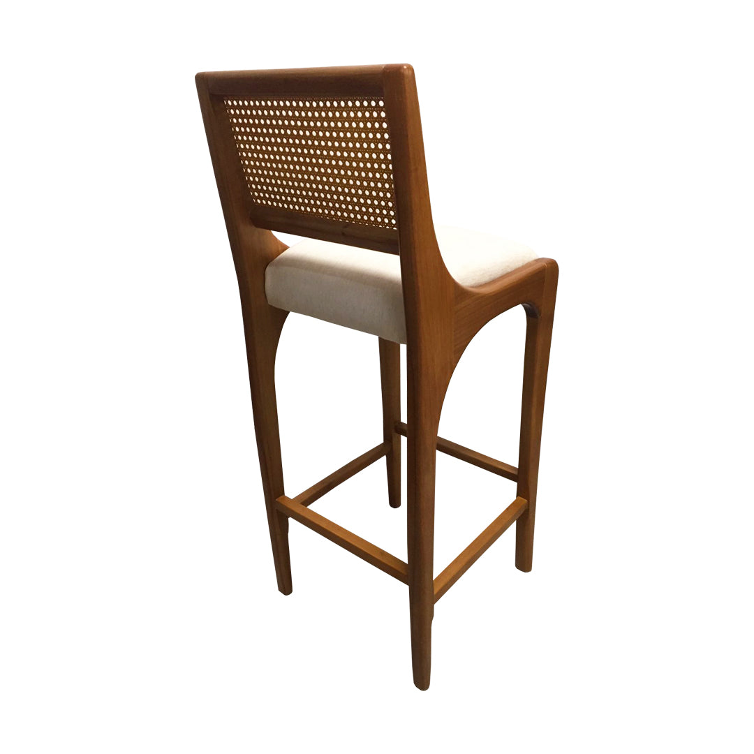 Zafira Stool Imbuia Wood Color Backrest Natural Hexagonal Straw Fabric Light Linen Upholstered Seat