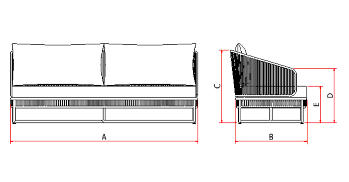 Serena Sofa Upholstered in Black Aluminum with Black Nautical Rope - 3 seats