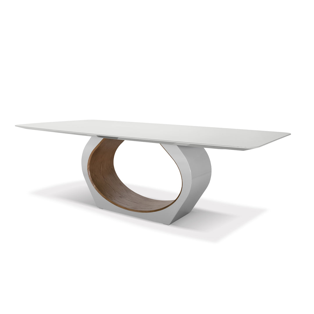Mesa de Jantar Cannes Laca Cor Branco Detalhe em Madeira Tampo Vidro Branco 240x120cm