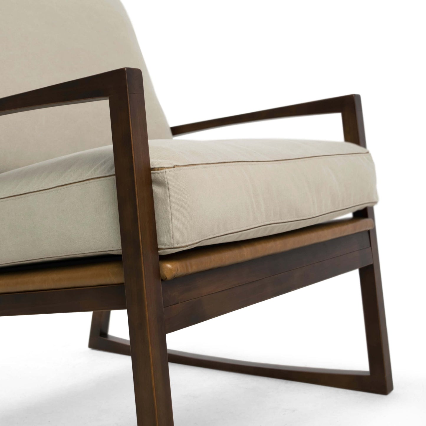 Elisa Armchair, Wood, Cinnamon Color, Beige Courissimo, Upholstered Seat, Light Linen Fabric