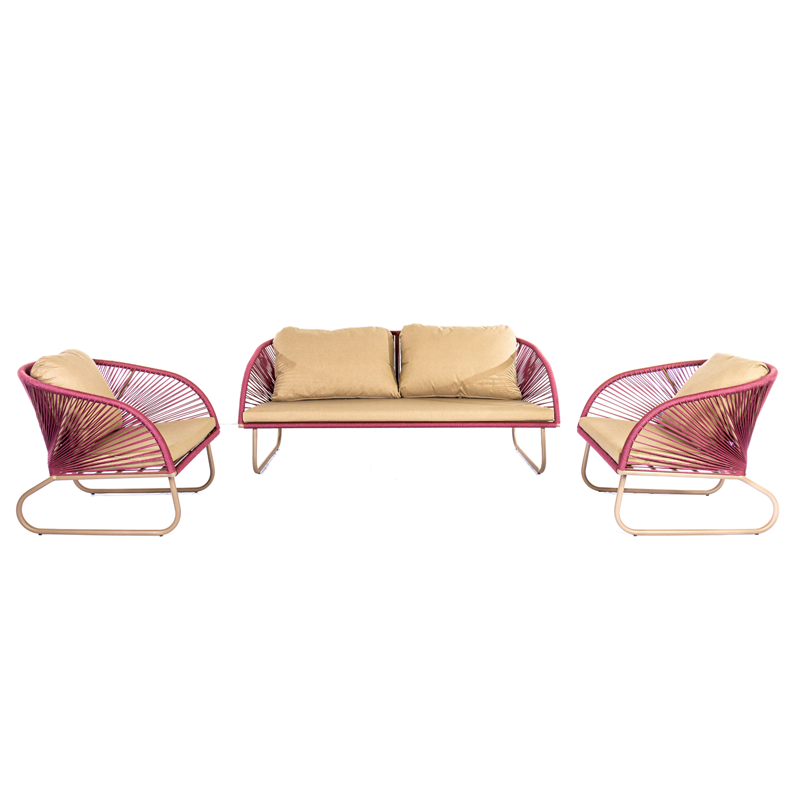 Harmonia Sofa Upholstered in Aluminum Fendi Color with Wine Nautical Rope - 3 Seats