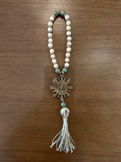 Decorative Necklace Holy Spirit Beads Beige and Green Satin Tassel