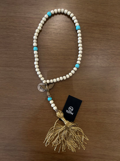 Decorative Holy Spirit Rosary Light Beige and Turquoise Beads Satin Tassel