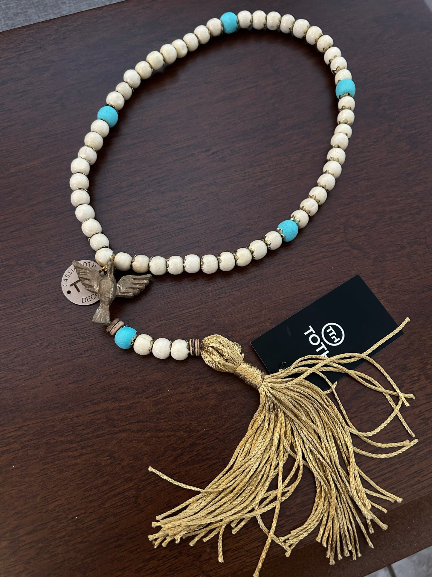 Decorative Holy Spirit Rosary Light Beige and Turquoise Beads Satin Tassel