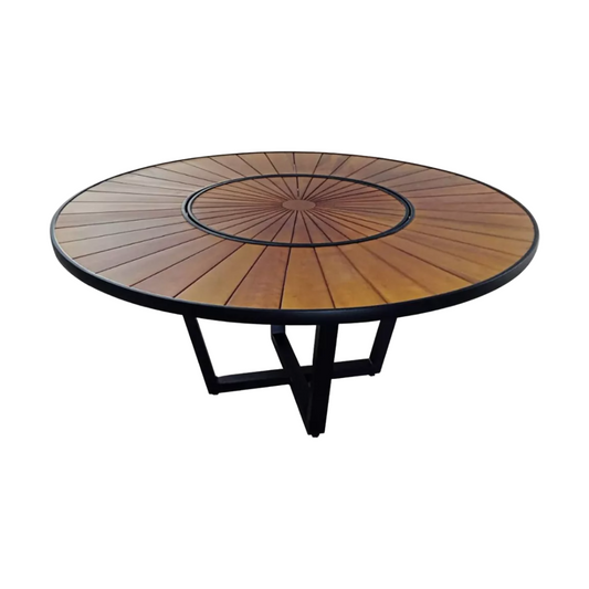 Mesa redonda Sophia 160 cm tapa de madera con placa giratoria base de aluminio negro