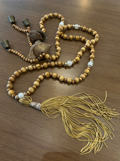 Decorative Golden Necklace with Bells Natural Wooden Balls Rosewood Seed and Fox Tail Satin Tassel