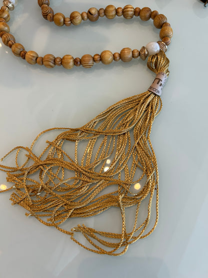 Decorative Golden Necklace with Bells Natural Wooden Balls Rosewood Seed and Fox Tail Satin Tassel