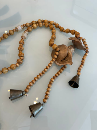 Decorative Golden Necklace with Bells Natural Wooden Balls Rosewood Seed and Fox Tail Satin Tassel