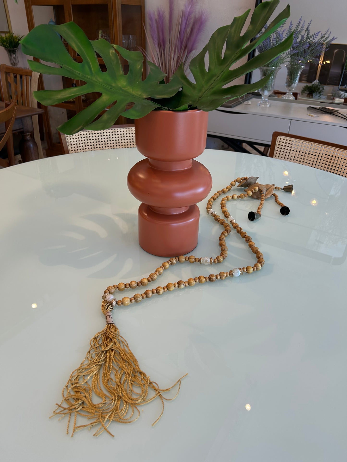 Decorative Golden Necklace with Bells Natural Wooden Balls Rosewood Seed and Fox Tail Satin Tassel