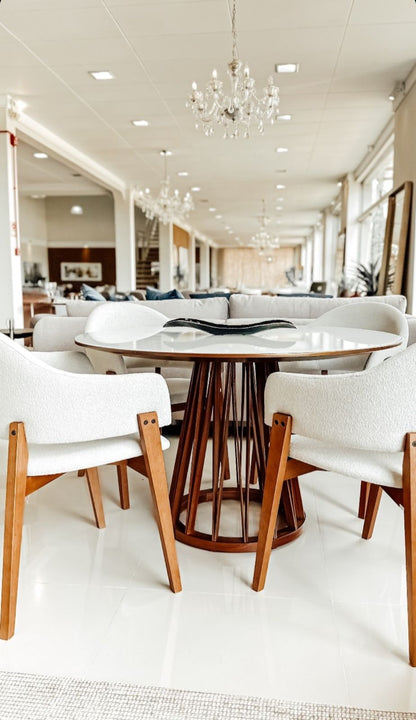 Mesa de Jantar Aero Redonda Madeira Cor Jequitibá 58 Tampo Vidro Branco 140cm